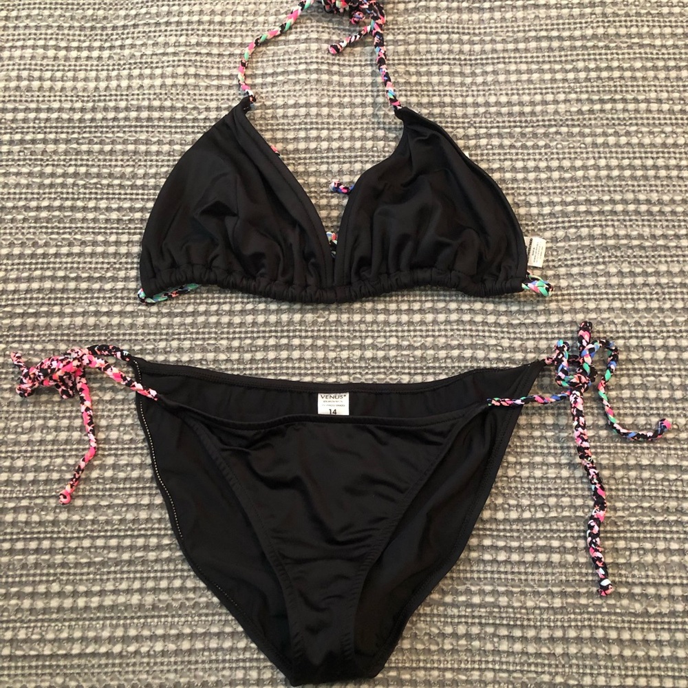 Venus Black String Bikini with Colorful Straps in Large and DDD top. Like new.